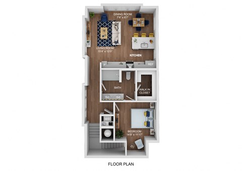 Floor plan for 1 bed, 1 bath, 870 sqft